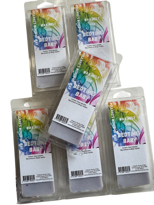 Multiple wax melt snapbar of 'Bedtime Baby' wax tarts, each with a colorful label showing a baby and dominant featuring a purple background.