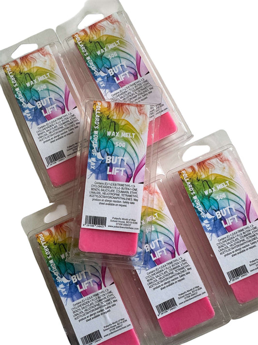 A package of snapbars or wax melts labeled 'Butt Lift' with a colorful label featuring floral and fruit graphics.