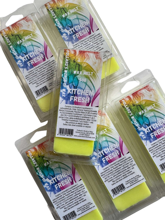 A package of wax tarts with a label showing the product name 'Kitchen Fresh' and a fragrance description.